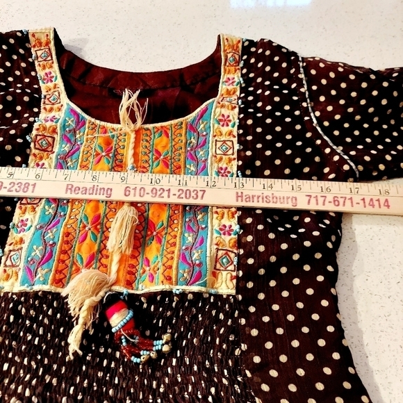 Boho Maxi Dress Smocked Tassled Print Flared Flowy Coachella Festival Sz Small - Picture 11 of 16